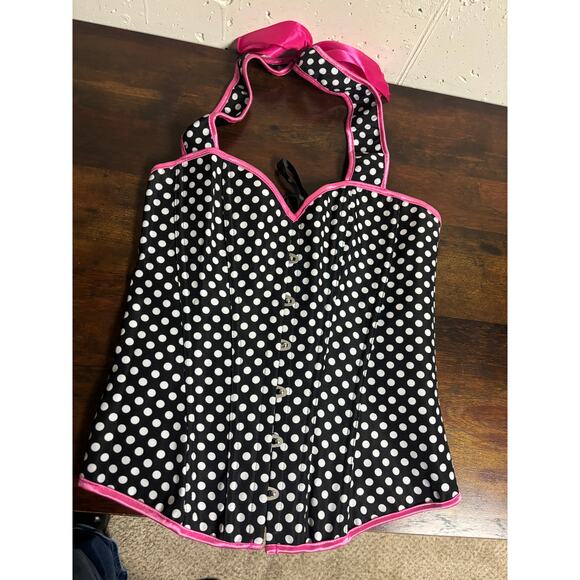 Daisy Corsets Black & White Polka Dot Halter Corset with Hot Pink Trim Large - Picture 1 of 5